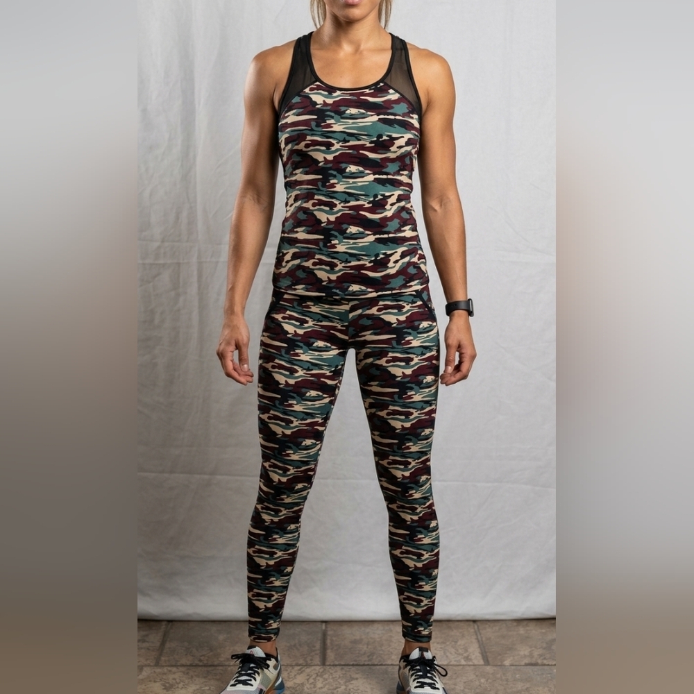 High-Rise Camo Performance Leggings in Olive and Burgundy #211